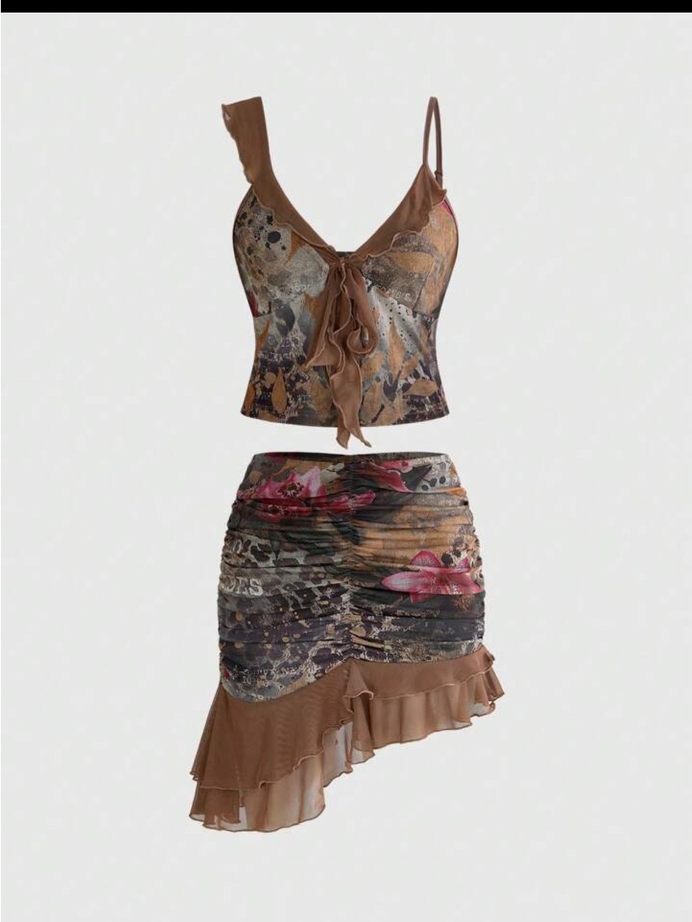 Romwe brown and multi-colored floral and leopard print skirt set